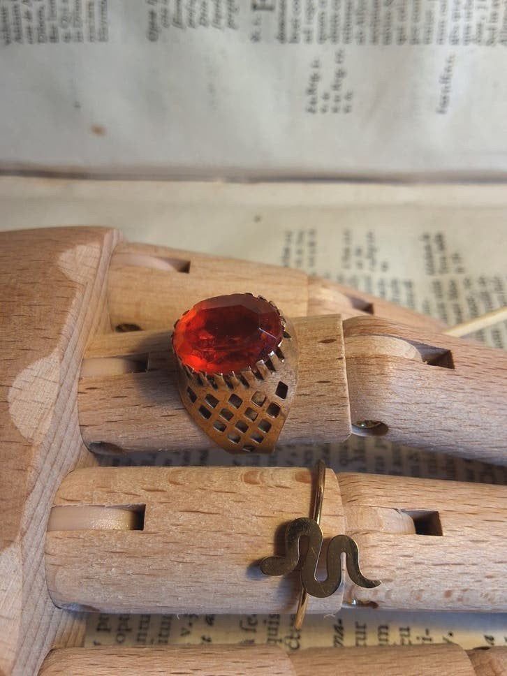 Koperen Statement Ring met Oranje Glas + Gratis Slangenring, Ophalen