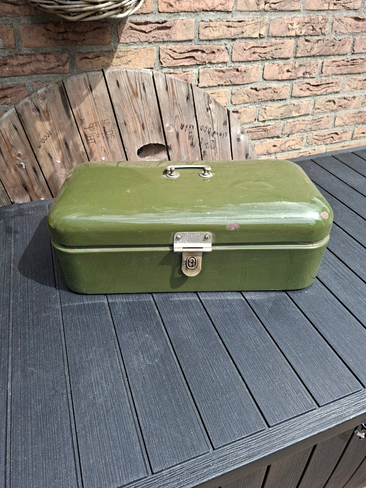 Vintage Groene Broodtrommel - Emaille, Antiek en Kunst, Antiek | Emaille, Ophalen of Verzenden