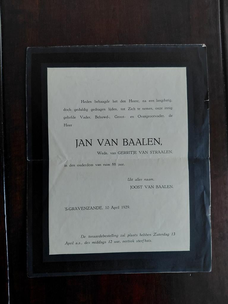 Rouwbrief  Jan van Baalen   's-Gravenzande 10 April 1929, Ophalen of Verzenden, Rouwkaart