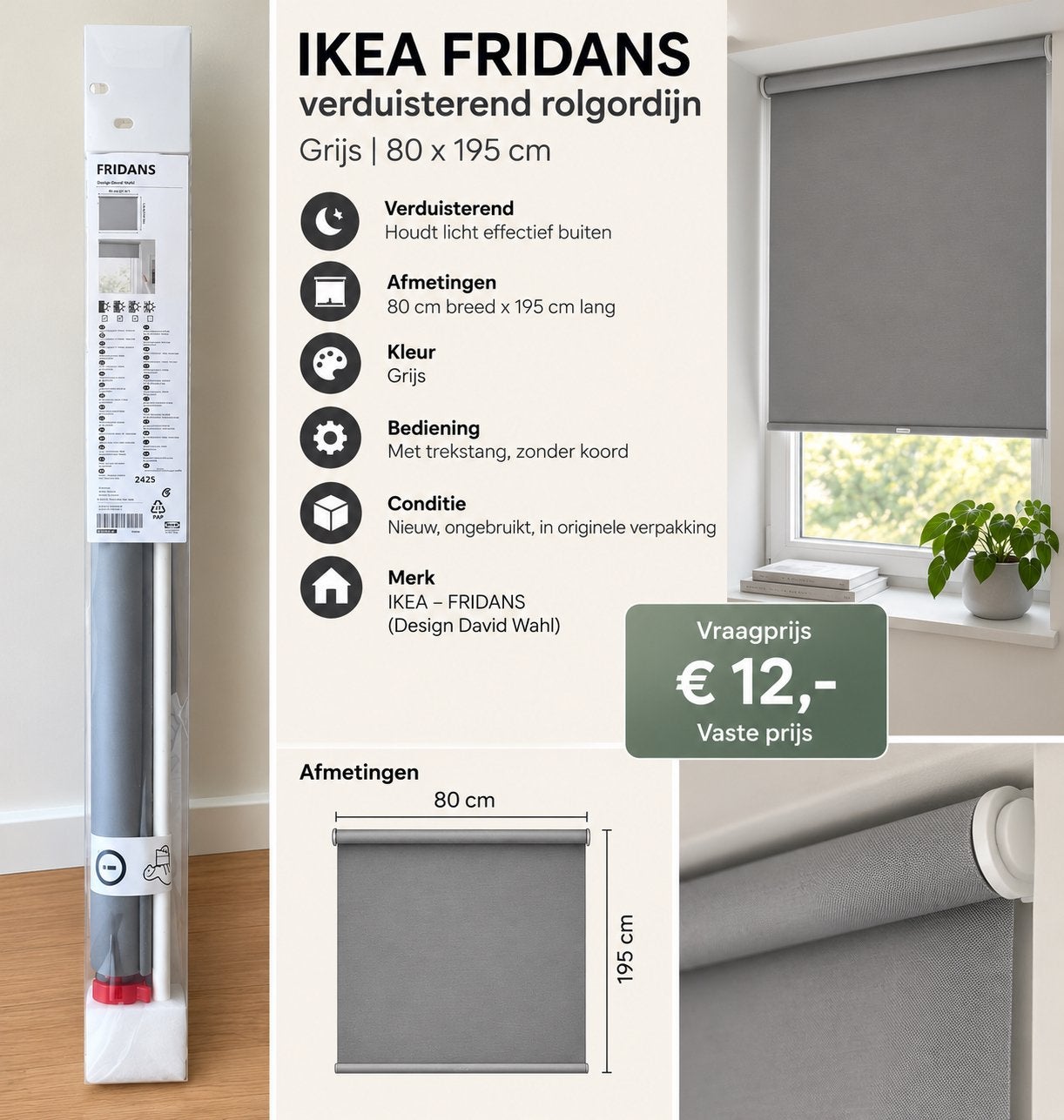 IKEA FRIDANS verduisterend rolgordijn grijs 80x195 cm NIEUW, Ophalen, Verduisterend, Zo goed als nieuw, Rolgordijn