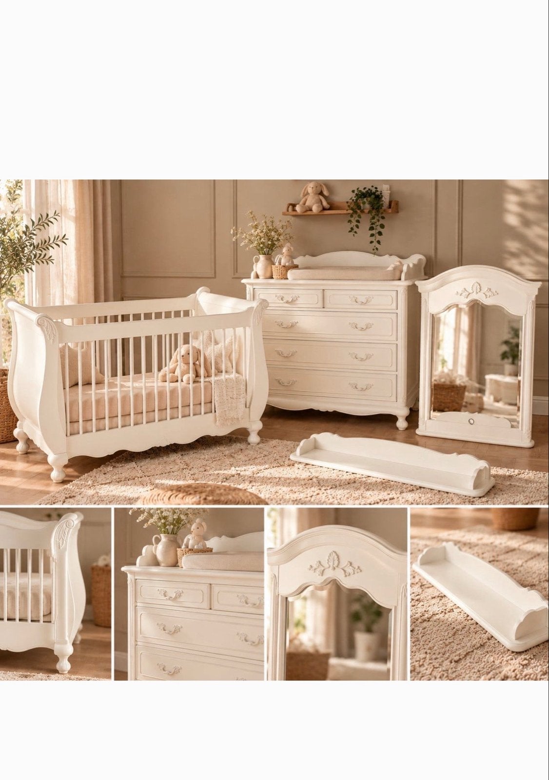 Romantische Babykamer Set: Commode, Ledikant, Spiegel, Plank, Ophalen, Gebruikt, Jongetje of Meisje