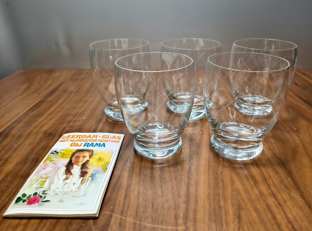 Doosje met 5x vintage kristalglazen uit Leerdam "Bij Rama"., Ophalen of Verzenden