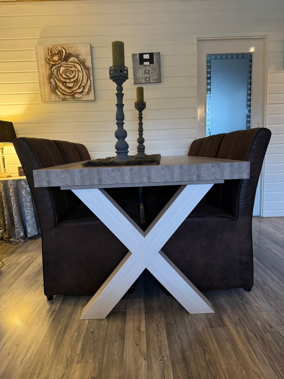 Eettafel, dressoir, tv meubel, hoekbank landelijk wonen, Ophalen, Zo goed als nieuw, Landelijk wonen, 6 tot 8 stoelen