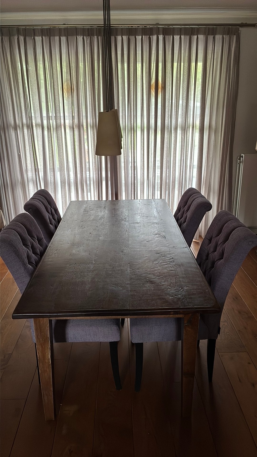 Donkerbruin antieke tafel, 4 lila paarse stoelen., Ophalen, Gebruikt, Barok, 4 tot 6 stoelen