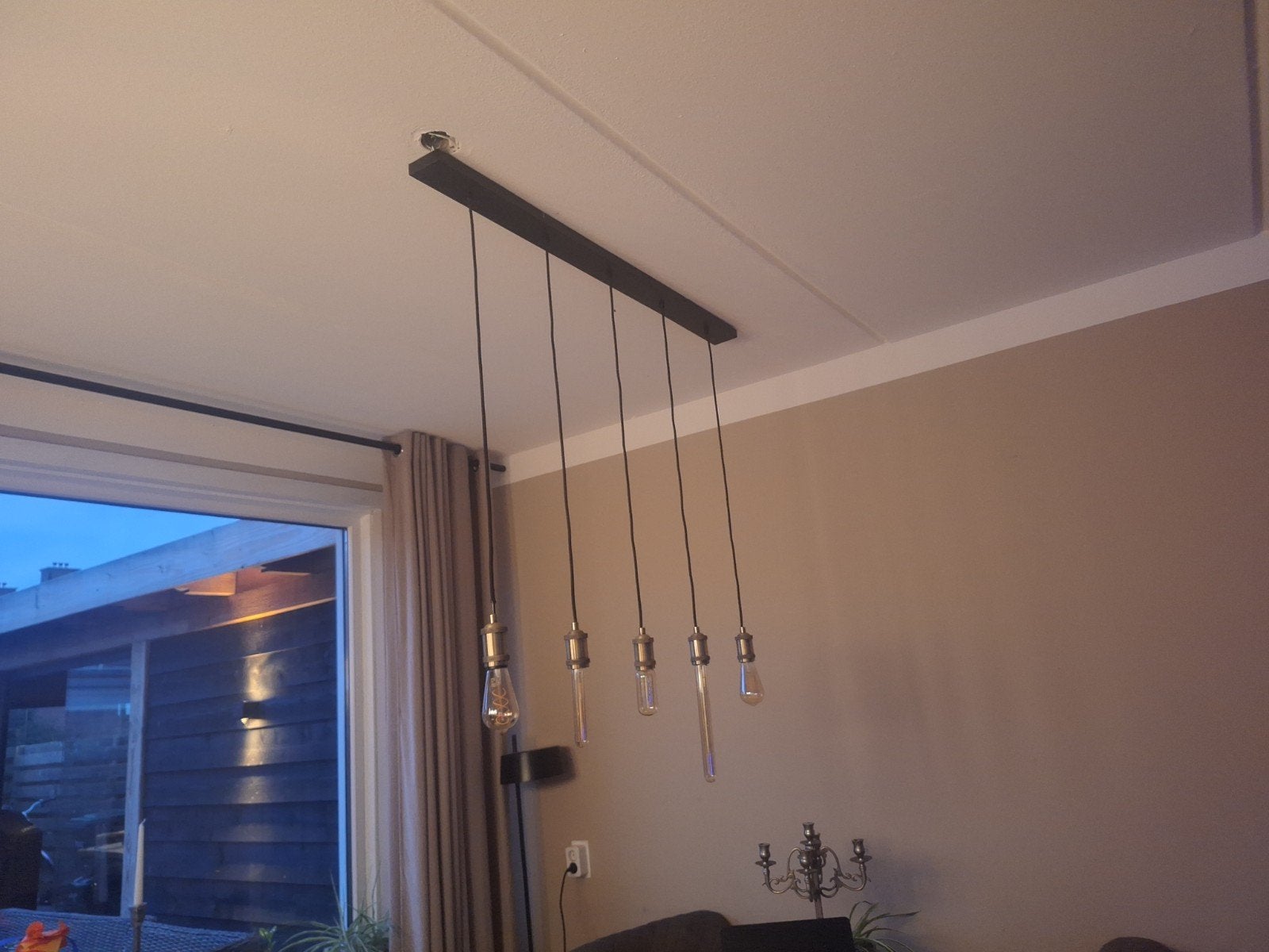 Moderne hanglamp met dimbaar licht en diverse buizen, Ophalen, Gebruikt, Overige fittingen, Glas