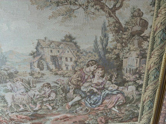 Prachtige grote gobelin in goudkleurige houten lijst, Ophalen, Klassiek, Ingelijst, Portret of Personen