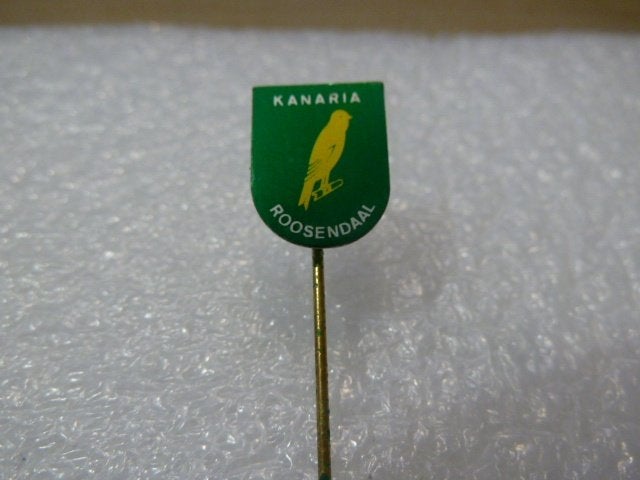 Vintage Speldje Kanaria Roosendaal met Gele Vogel, Ophalen of Verzenden, Gebruikt, Dier of Natuur, Speldje of Pin