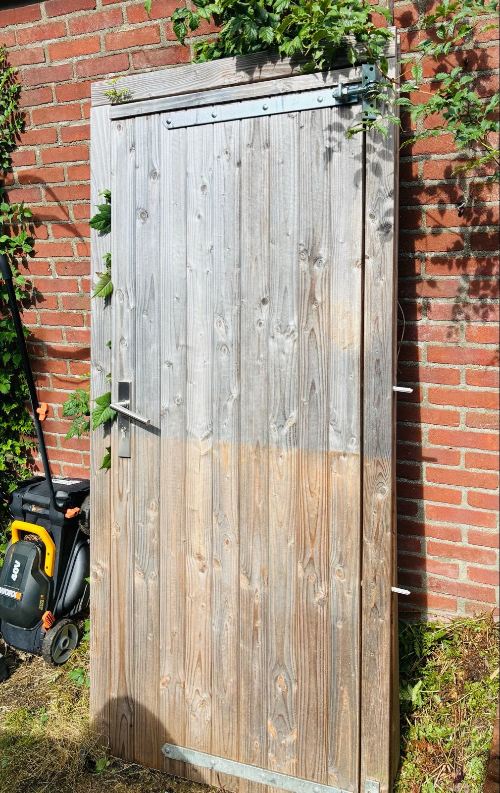 Houten tuindeur met ombouw, 90x200 cm, incl. hang- en sluitw, Ophalen, Gebruikt, 80 tot 100 cm, Buitendeur