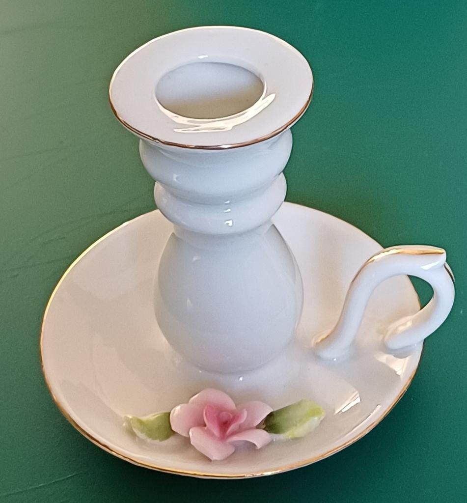 Witte porseleinen kandelaar met roze roos,Capodimonte stijl, Verzenden, Koper of Brons