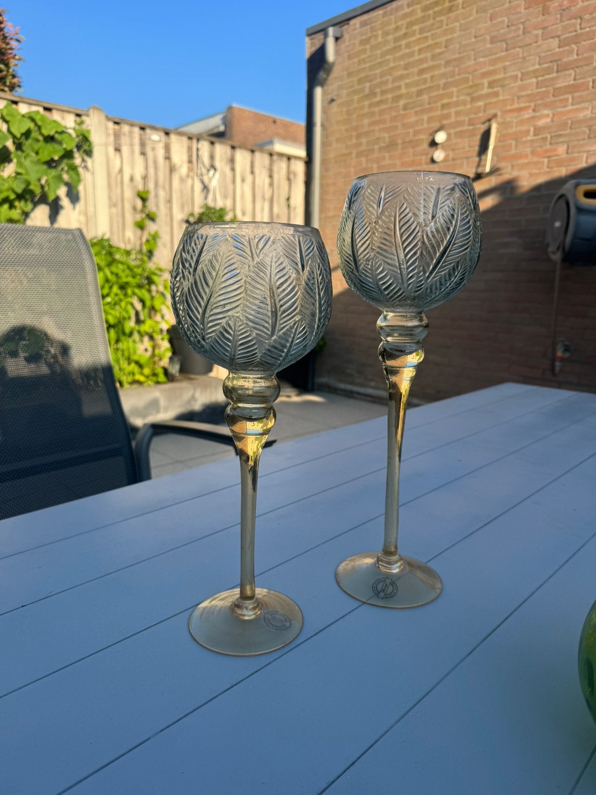 Set van 2 glazen windlichten / kandelaars, Ophalen