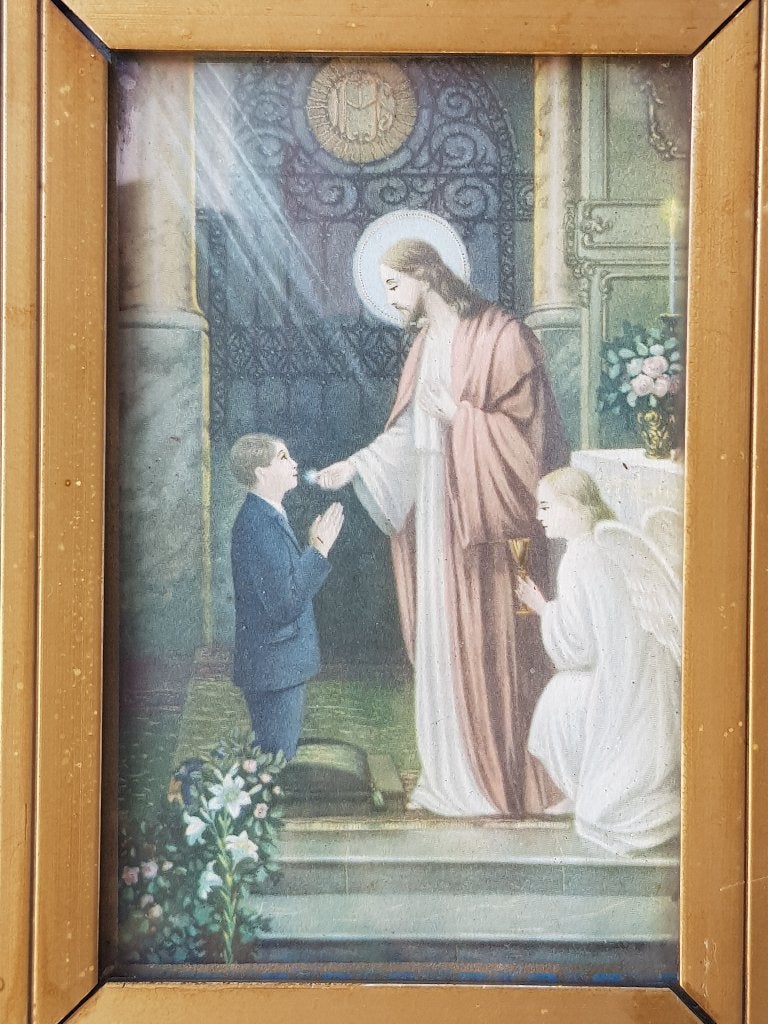 Antieke ingelijste communie prent uit Nederland 22,7 cm., Ophalen of Verzenden