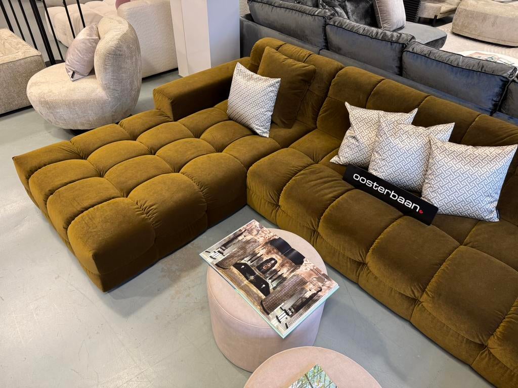 Luxe Velvet U-bank Yently 200x370x250cm Green - NEW NIEUW, Info@oosterbaanwonen.nl, Venus 31 8448CE Heerenveen, Hoekbank, Ophalen of Verzenden