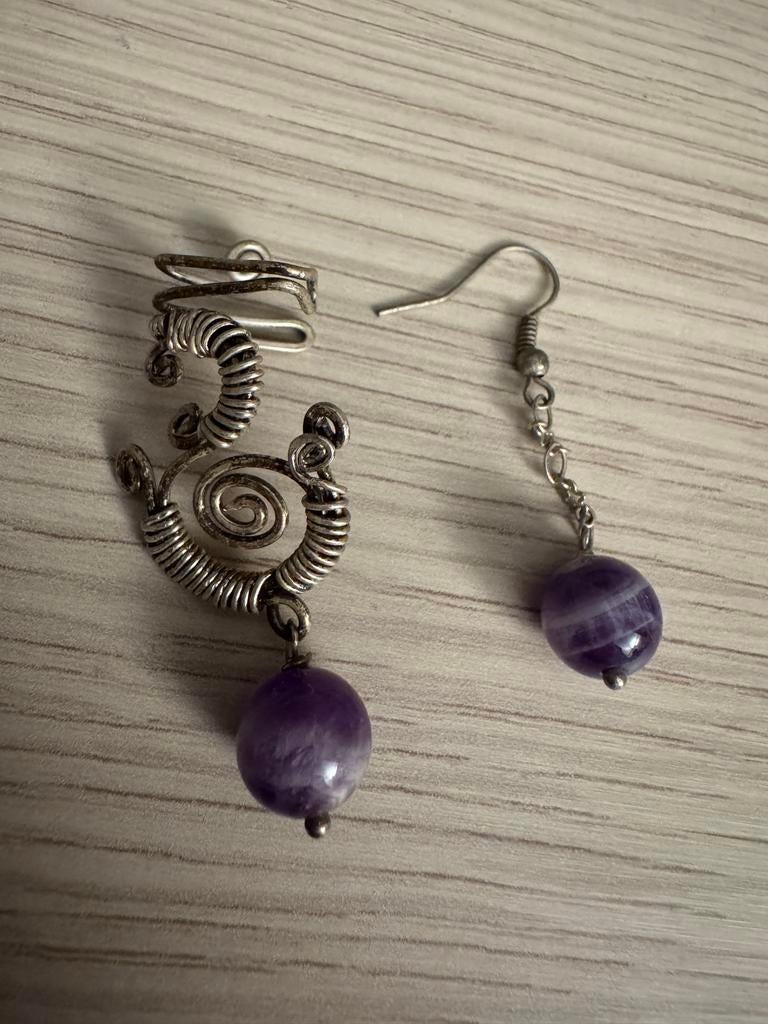 Oorbellen Set: Hanger & Ear Cuff - Handgemaakt, Overige materialen, Hangers, Paars, Nieuw