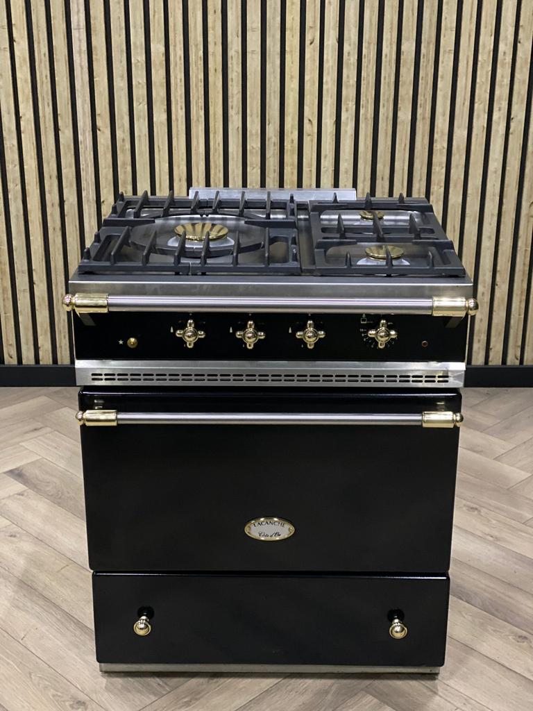 Prachtige Lacanche 70CM Gas Zwart Blinkend Messing + Gasoven, Witgoed en Apparatuur, Fornuizen, 60 cm of meer, Grill, Zo goed als nieuw