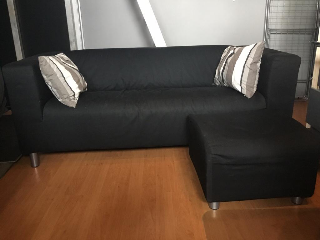 Bank 2 persoons zwart incl. Voetenbank, Ophalen, Gebruikt, 150 tot 200 cm, Tweepersoons