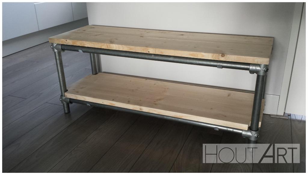 tv-meubel Lorenz: Verzinkte steigerbuis met STEIGERHOUT!, 100 tot 150 cm, Overige materialen, Info@hout-art.nl, Nieuw