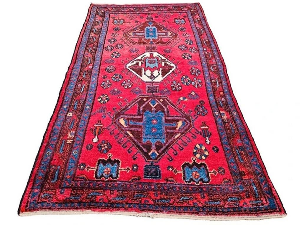 Handgeknoopt Perzisch wol Koliai tapijt medallion 130x235cm, Gebruikt, 100 tot 150 cm, Crème, Vintage
