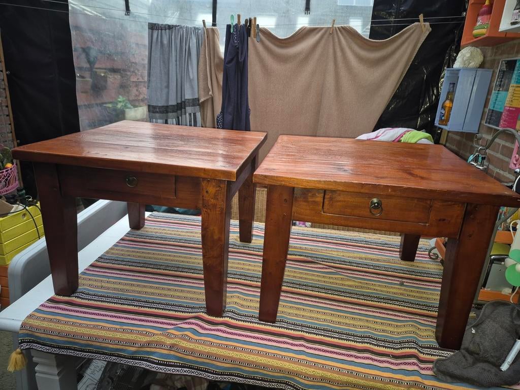 Rustieke Houten Bijzettafels - Set van 2, Huis en Inrichting, Tafels | Bijzettafels, Gebruikt, Vierkant, 55 tot 75 cm, Koloniaal, Landelijk
