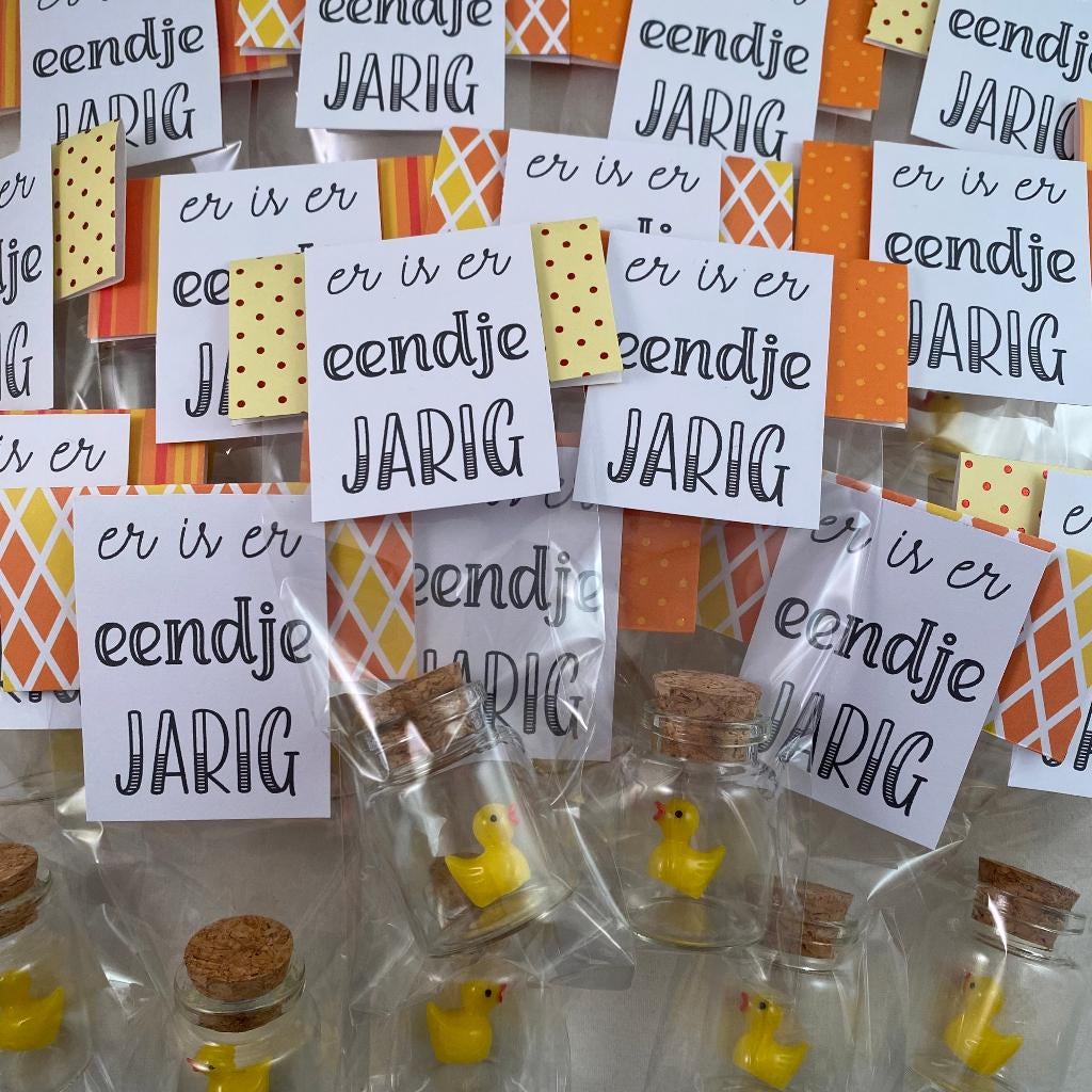 wenskaarten & flesje geluk met eendjes Er is er eendje jarig, Ophalen of Verzenden, Nieuw