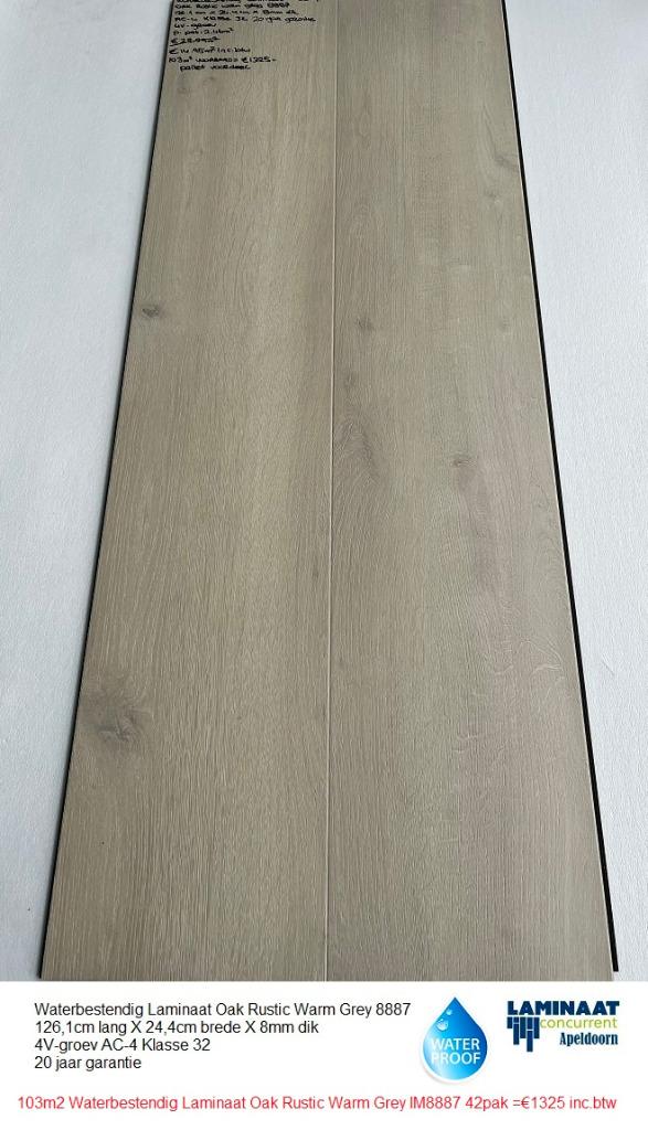 103m2 Waterbestendig Laminaat Oak Rustiek Grey 42pak = €1325, Waterbestendig laminaat Extra brede plank, 75 m² of meer, Nieuw