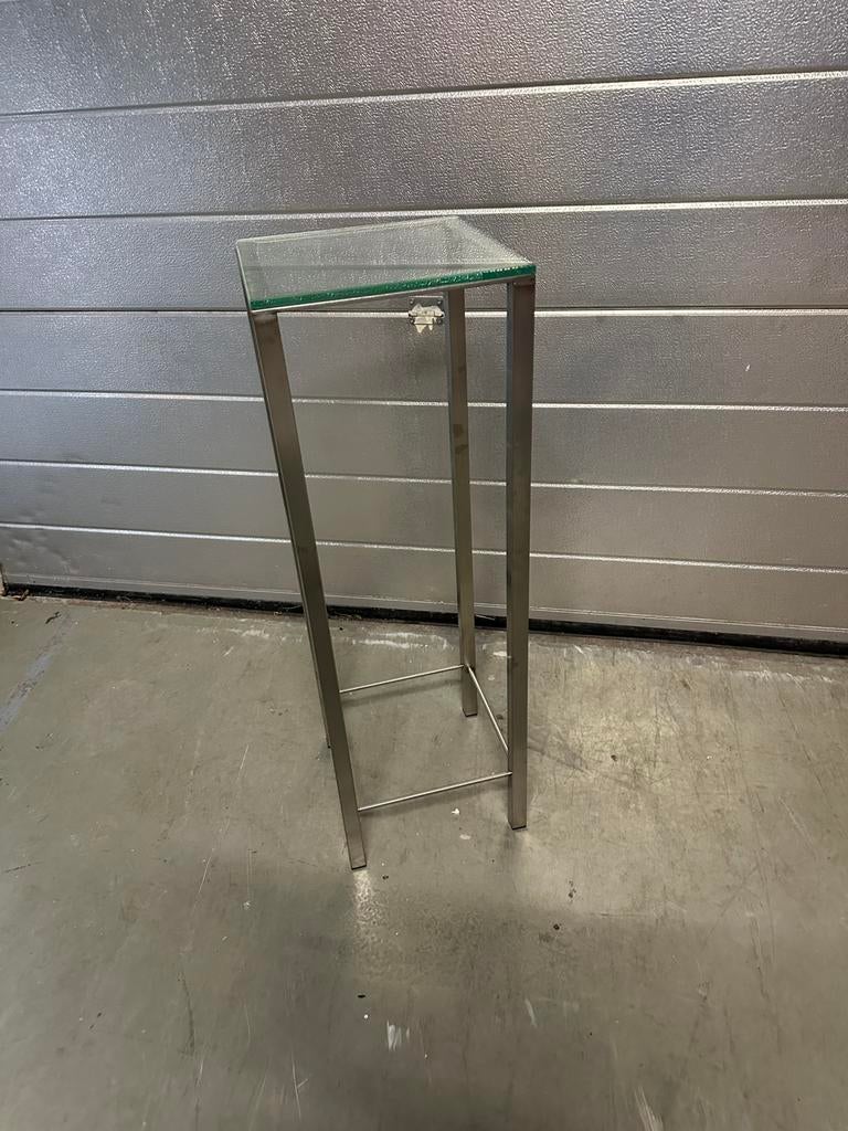 Rvs zuil met glasplaat voor plant of decoratie, Huis en Inrichting, Tafels | Bijzettafels, Ophalen, Minder dan 55 cm, Rond, 60 cm of meer