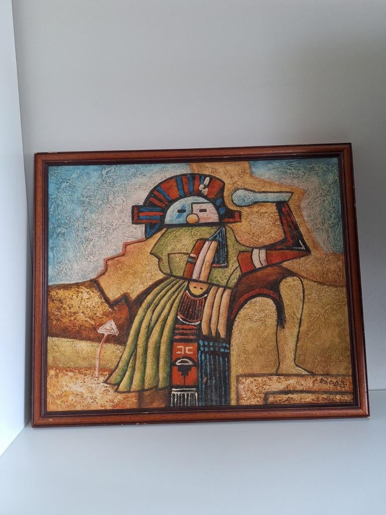 Olieverfschilderij B. Long - Azteken, Antiek en Kunst, Ophalen of Verzenden