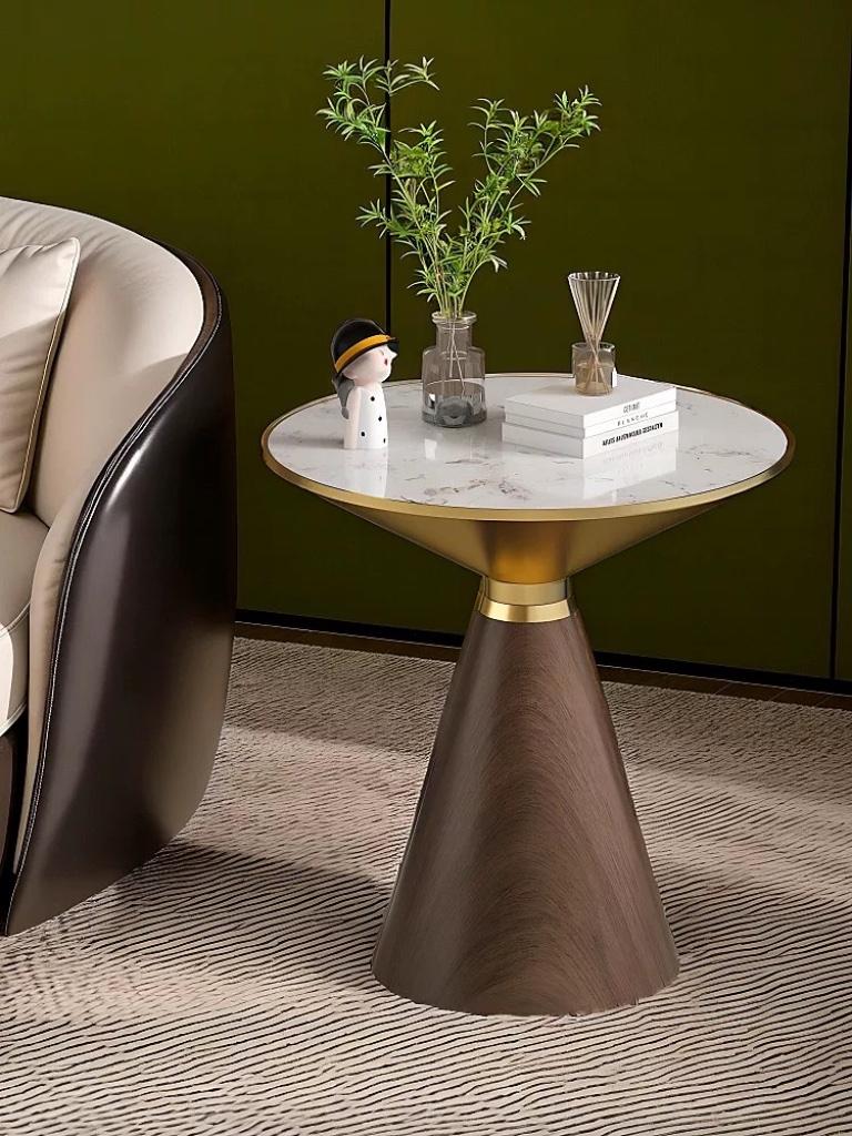 WINTER SALE - Bijzettafel rond in wit-goud marmer afwerking, Ophalen, 50 tot 100 cm, Overige materialen, Rond