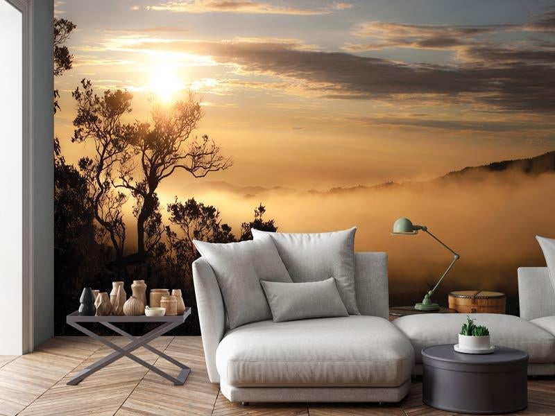 Fotobehang / Behang - Natuur - Bos - Mistig Landschap, Verzenden, Minder dan 10 m², Info@fotobehangkoning.nl, Geel