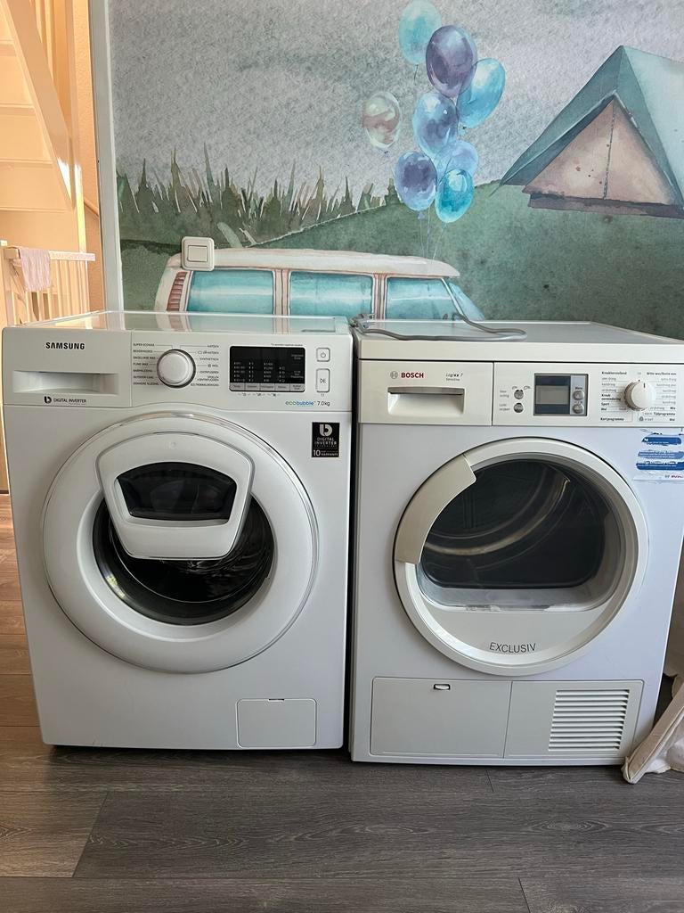Wasmachine(Samsung) en wasdroger(Bosch), Ophalen, Gebruikt, Voorlader, Kort programma