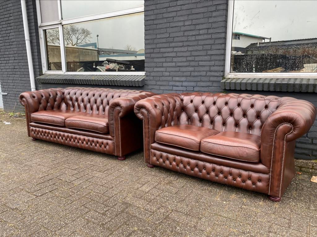 Prachtige Springvale Chesterfield 3+2 zit bankstel bruin, Ophalen of Verzenden, Gebruikt, 75 tot 100 cm, Leer