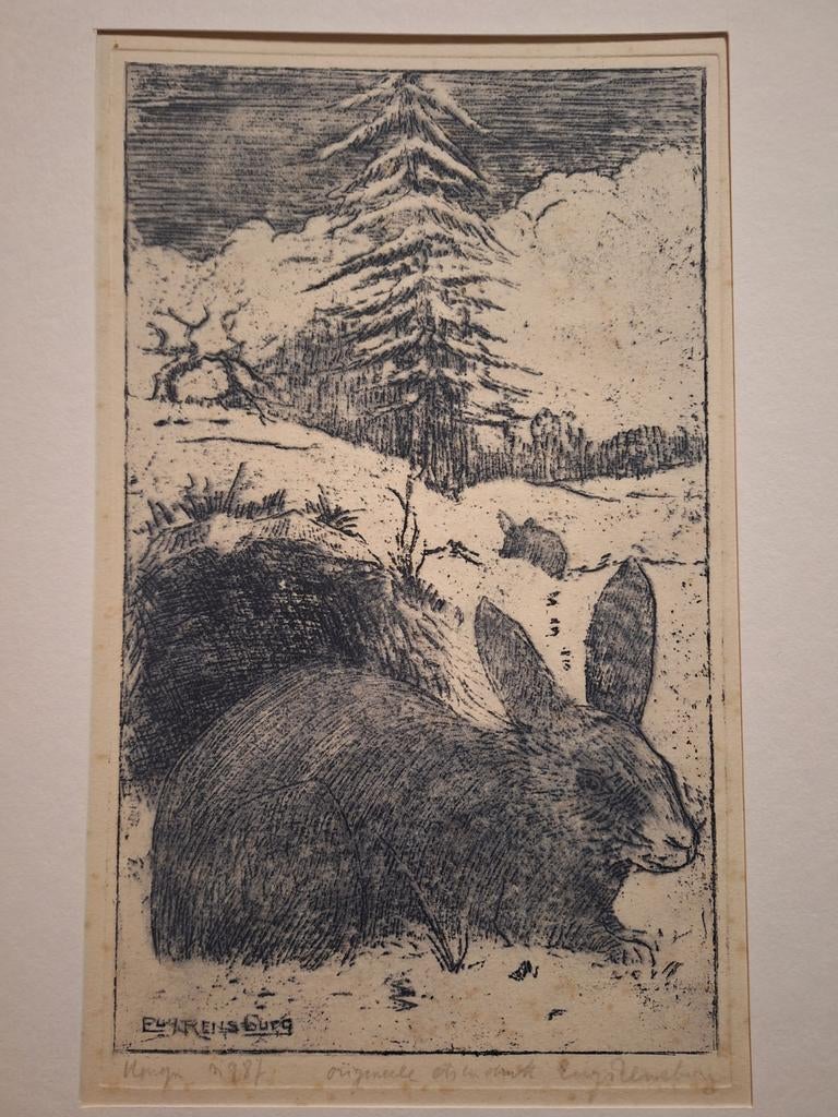 Ets van een konijn in de winter Eugene Rensburg, Antiek en Kunst, Ophalen of Verzenden