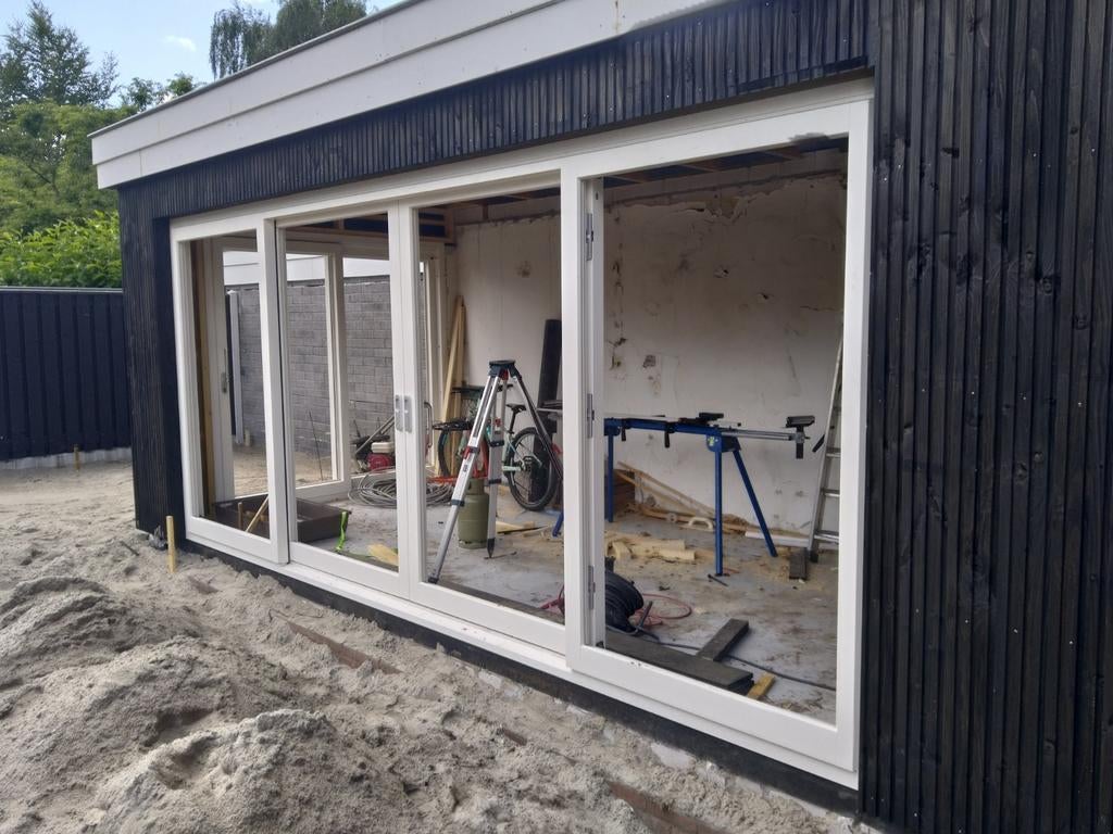 Hardhouten schuifpui met 2 schuifdeuren 4 vakken, Doe-het-zelf en Verbouw, Nieuw, Ophalen of Verzenden, Buitendeur, Schuifdeur