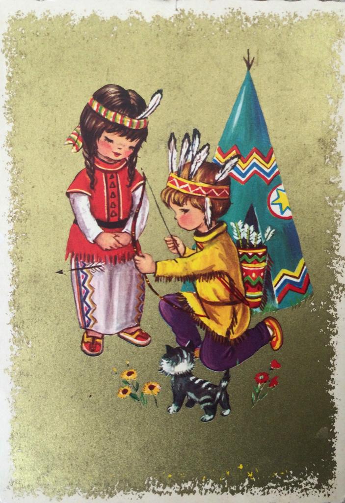 Ansichtkaart kinderen: Indianen kinderen bij wigwam, 1970, Verzamelen, Ophalen of Verzenden, 1960 tot 1980, Gelopen, Kinderen