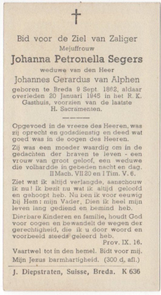 Johanna Petronella Segers 1882 Breda + 1945 Breda, 62 jaar, Verzamelen, Bidprentjes en Rouwkaarten, Verzenden