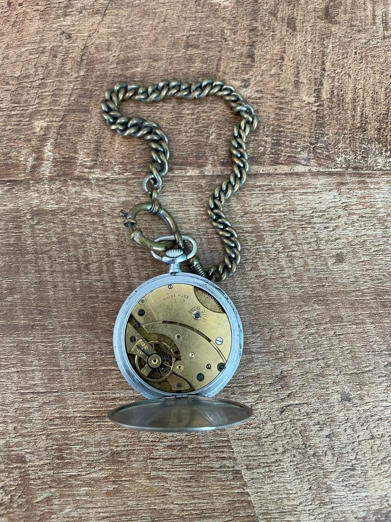 Antiek Zwitsers zakhorloge met ketting - Swiss Made DRP, Overige merken, Overige materialen, Zakhorloge, Ophalen of Verzenden