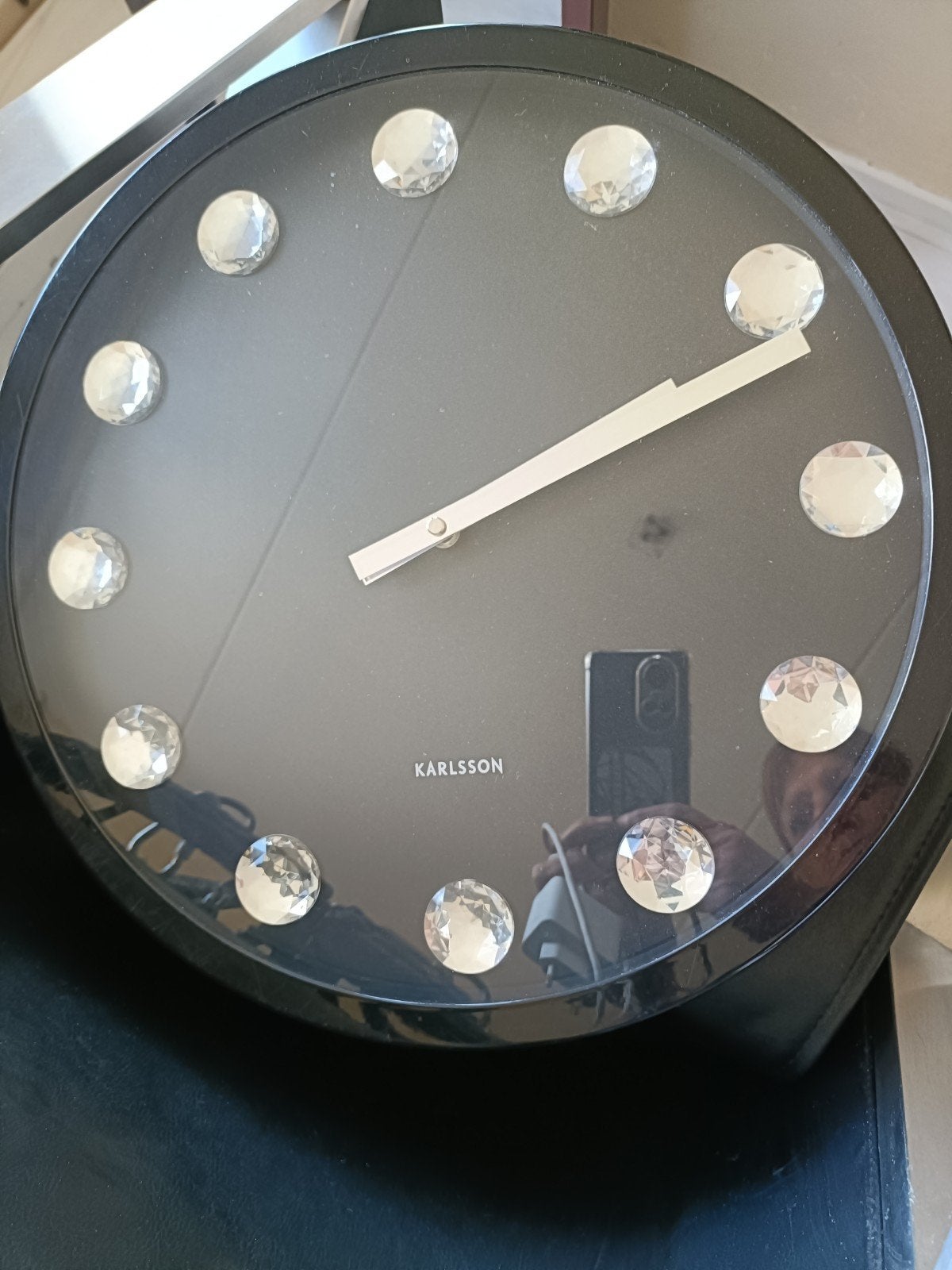 Karlsson Wandklok met Kristallen - Zwart, Wandklok, Analoog, Werkt op batterijen, Ophalen of Verzenden