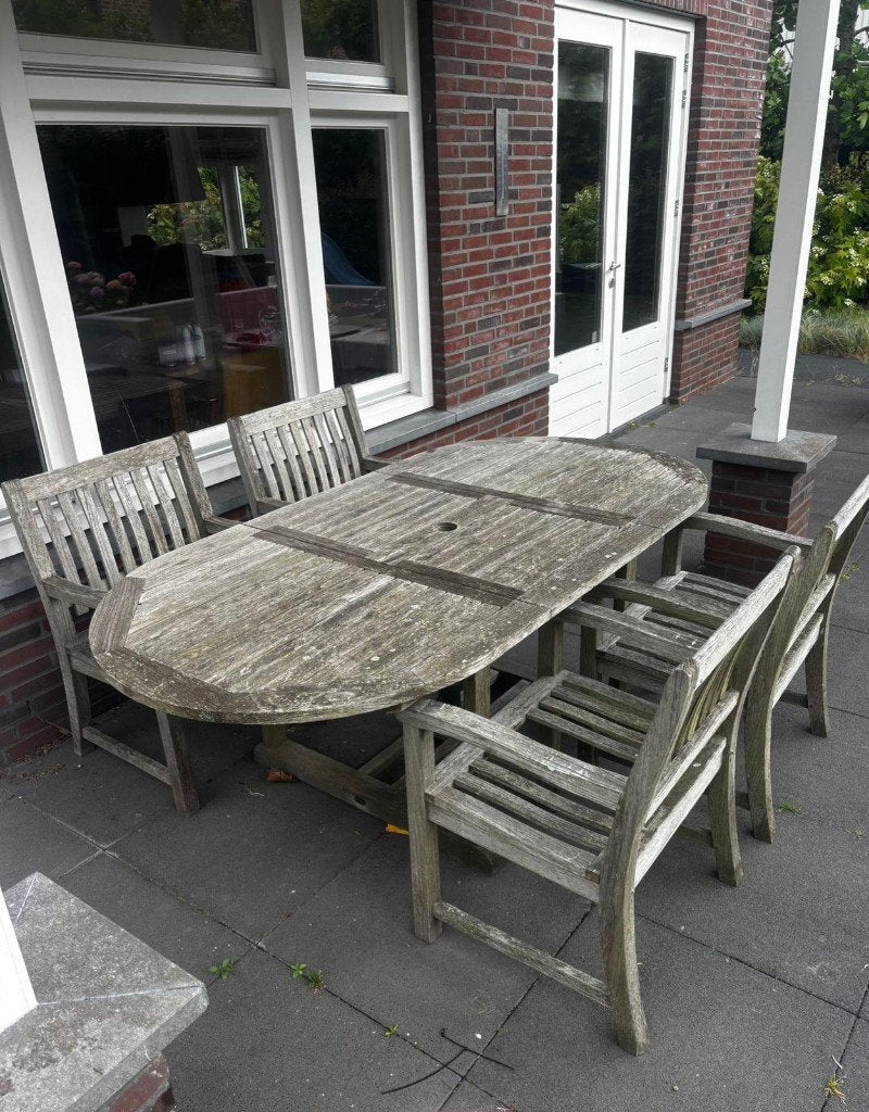 Robuuste Teakhouten Tuintafel met 4 Stoelen, Ophalen, 4 zitplaatsen, Gebruikt, Teakhout