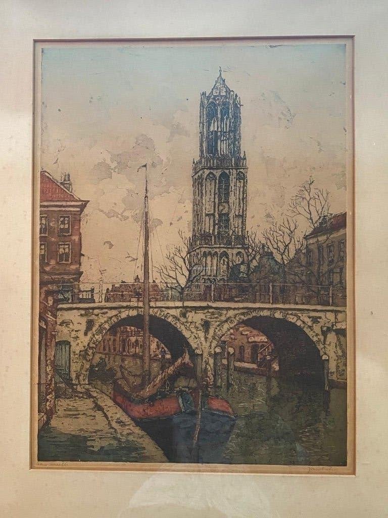 Ingekleurde ets met afbeelding de 'Dom Utrecht' Jan Sirks, Antiek en Kunst, Ophalen of Verzenden