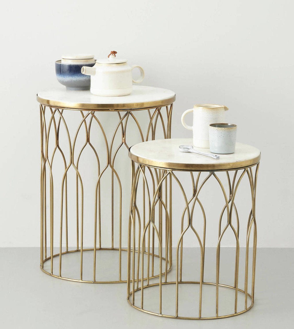 Bijzettafel marmer wit goud metaal, Ophalen, Minder dan 55 cm, Metaal of Aluminium, Rond