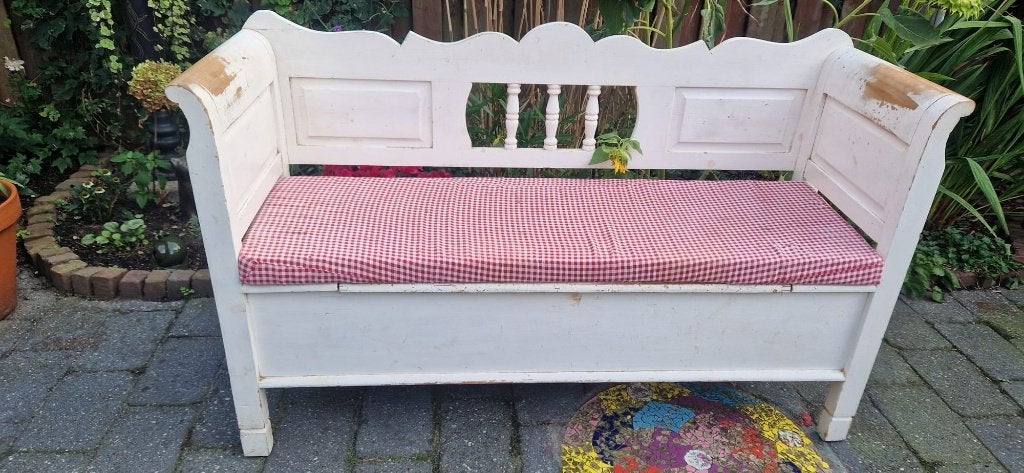 Prachtige houten klepbank+spijltjes (brocante), Ophalen, Gebruikt, Minder dan 75 cm, Driepersoons