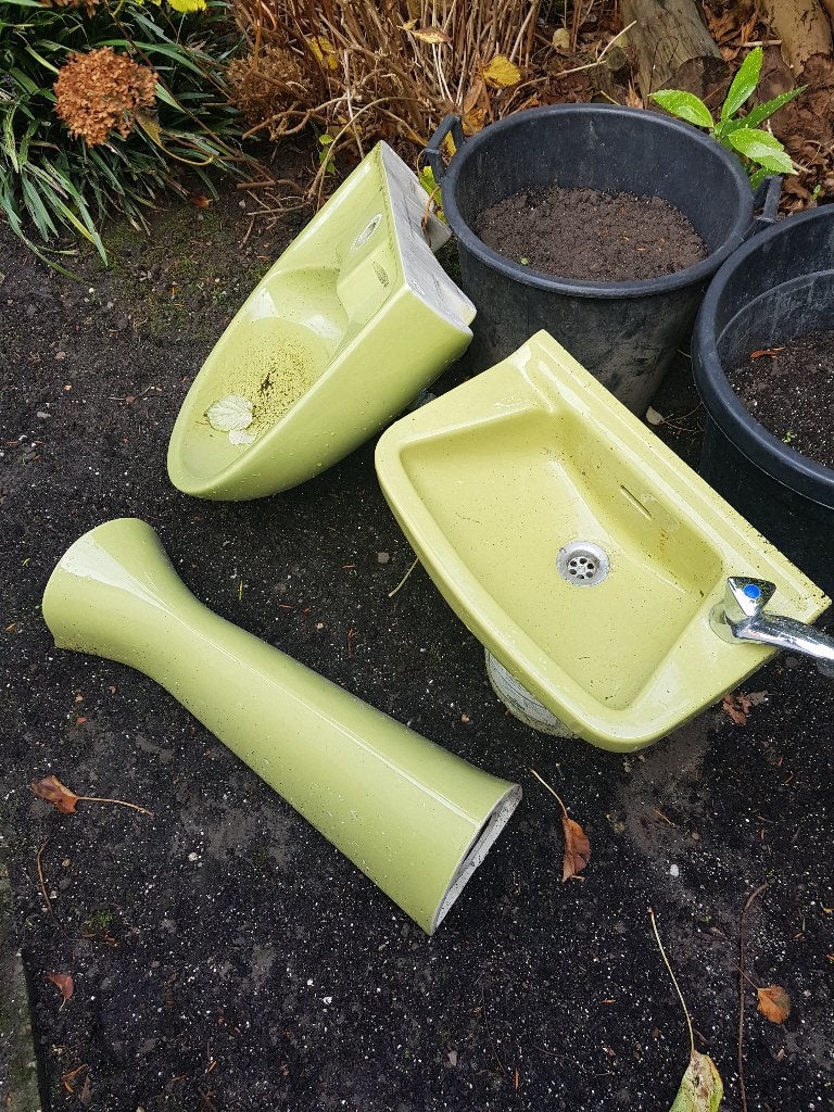 wasbak wastafel olijfgroen zuil fonteintje badkamer mosgroen, Ophalen, Gebruikt, Steen, Wastafel