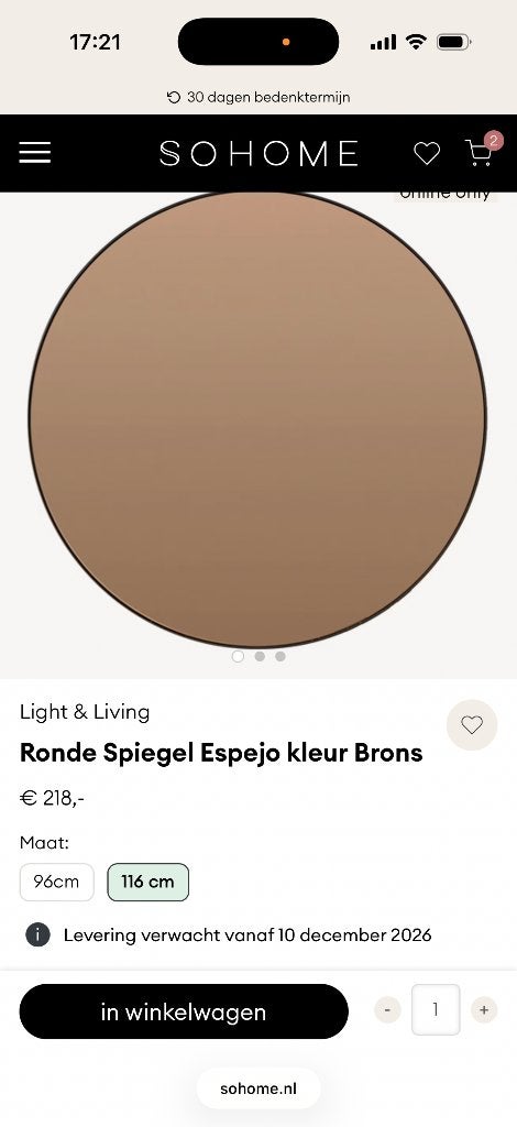 Spiegel rond, Ophalen, 100 tot 150 cm, Rond, Zo goed als nieuw
