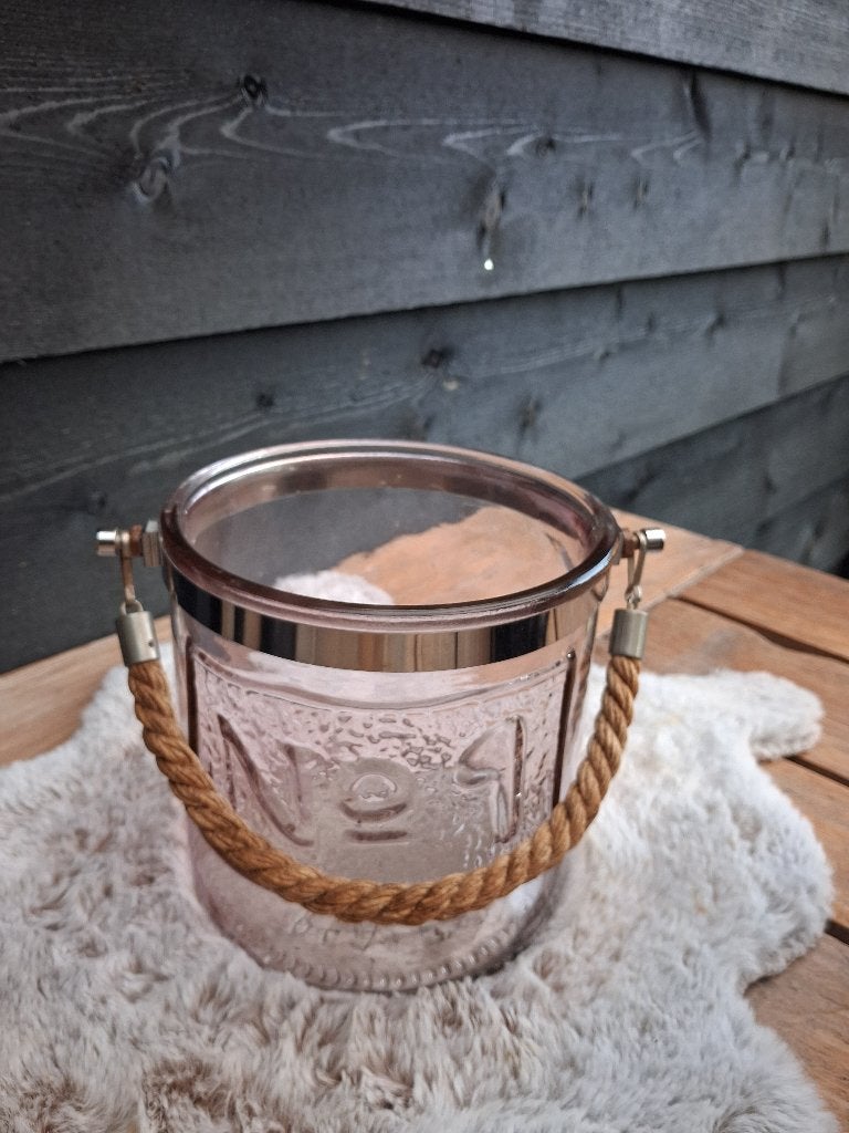 Roze windlicht van glas met touw handvat - 14 cm., Ophalen of Verzenden, Zo goed als nieuw, Overige materialen