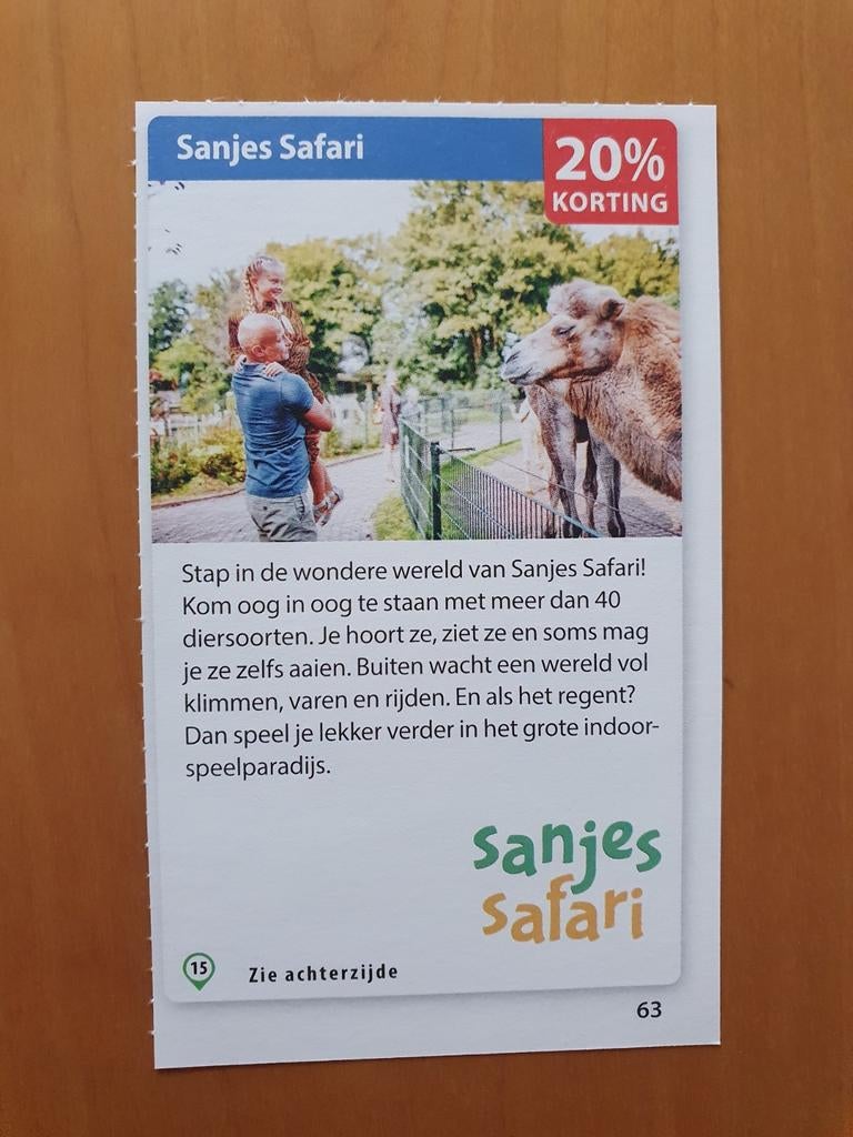Sanjes Safari 20% korting maximaal 5 personen, Tickets en Kaartjes, Kortingen en Cadeaubonnen, Drie personen of meer, Kortingsbon