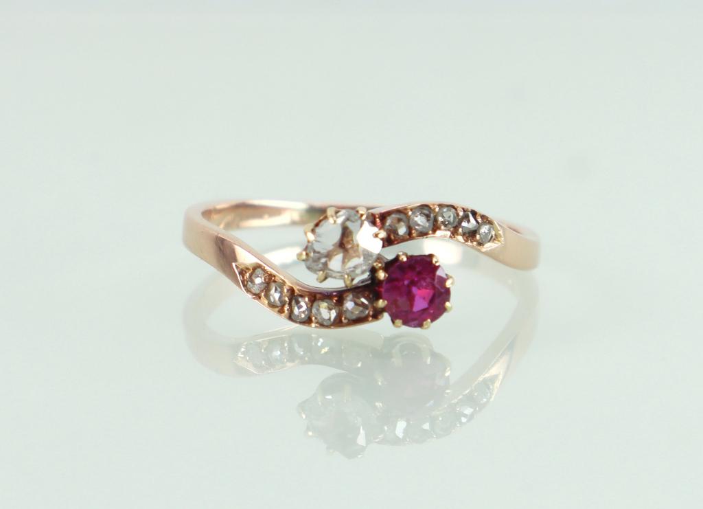 Antieke roodgouden ring toi et moi robijn diamant, Ophalen of Verzenden, Goud, Ring, Met edelsteen