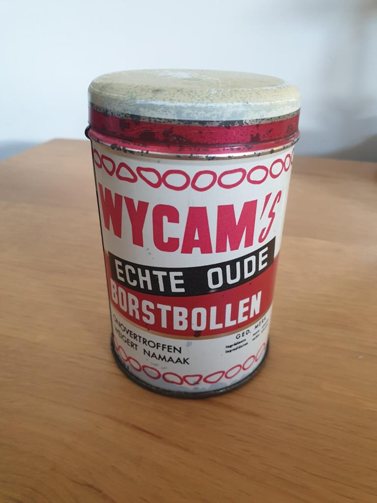 (T) Vintage Wycam's blik. Hoestbonbons/ borstbollen. 11x6,5., Ophalen of Verzenden, Gebruikt