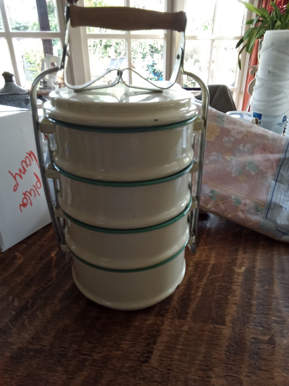 Vintage Geëmailleerde Tiffin Lunchbox -  4Lagen, Antiek en Kunst, Ophalen of Verzenden