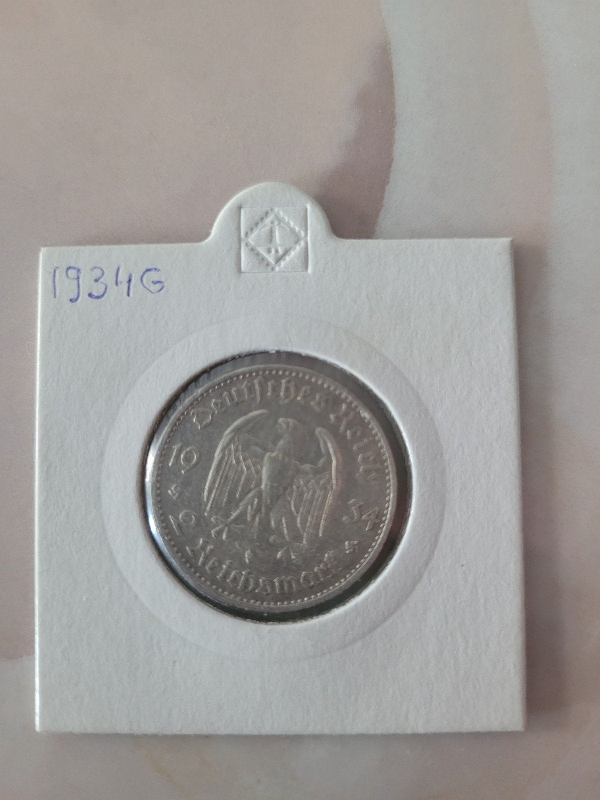 Zeldzame 1934G Duitse 5 Reichsmark Hindenburg Munt, Ophalen, Losse munt, Zilver