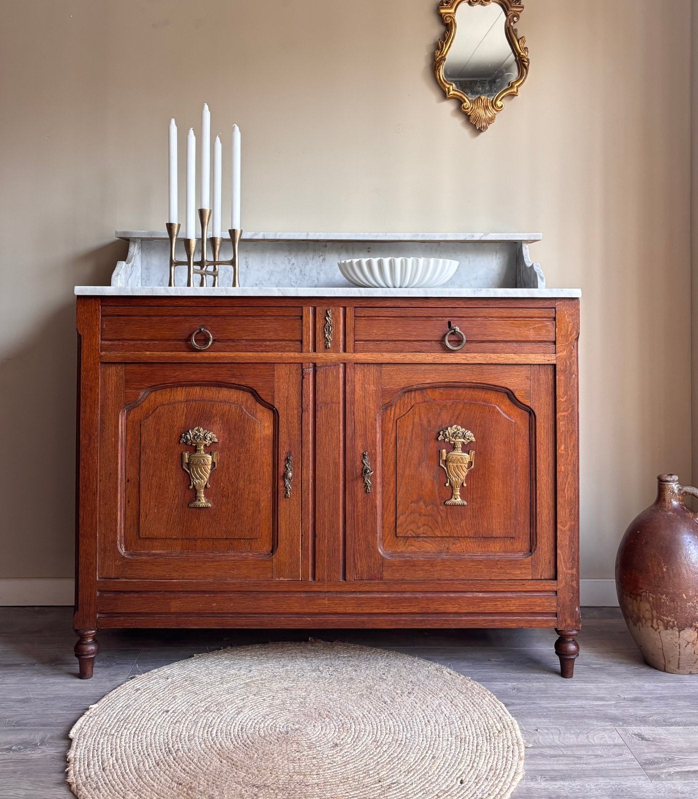 Antieke kast marmer blad/badkamermeubel/commode/koffiecorner, Gebruikt, 100 tot 150 cm, Eikenhout, Met lade(s)