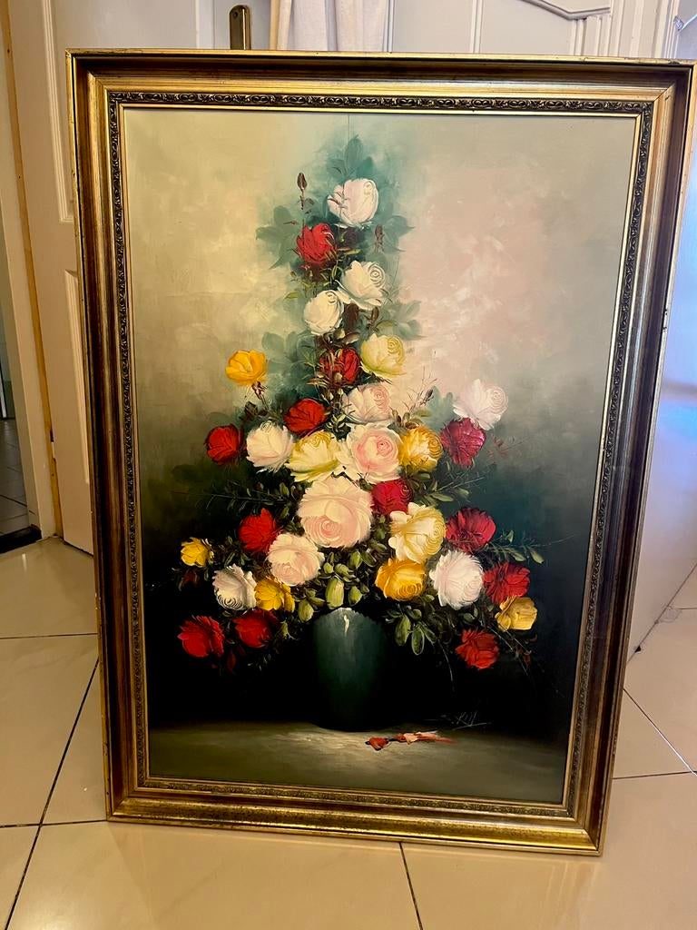Prachtige groot olieverf bloemen schilderij, Ophalen of Verzenden